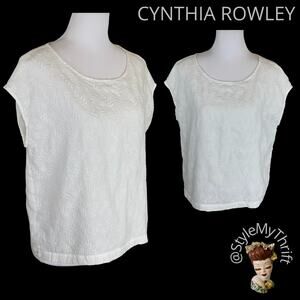 Cynthia Rowley White Linen Blouse Coastal Preppy Summer Vacation Resort Cruise